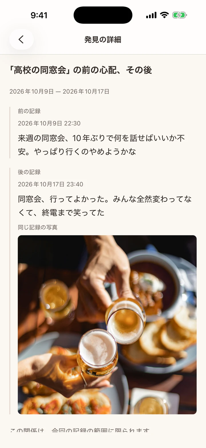 高校の同窓会の前の心配と、その後の楽しかった記録を写真と一緒に見比べる発見の詳細画面。